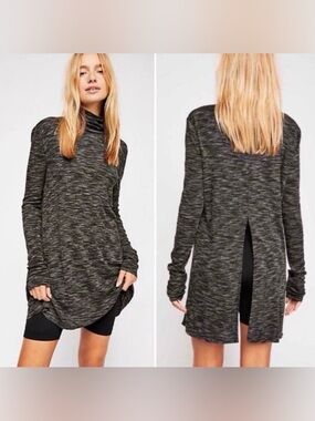 WE THE FREE Black/Gray STONE COLD Split Back Turtleneck Tunic Top Sz S